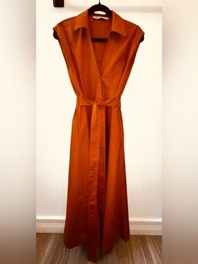 ZARA 100% Cotton Sleeveless Midi Orange Belted W/ Pockets Dress